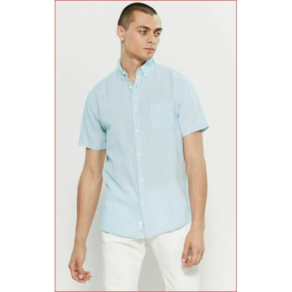 Onia Mens Jack Short Sleeve Linen Shirt Solid Blue MST06-4 Small NEW